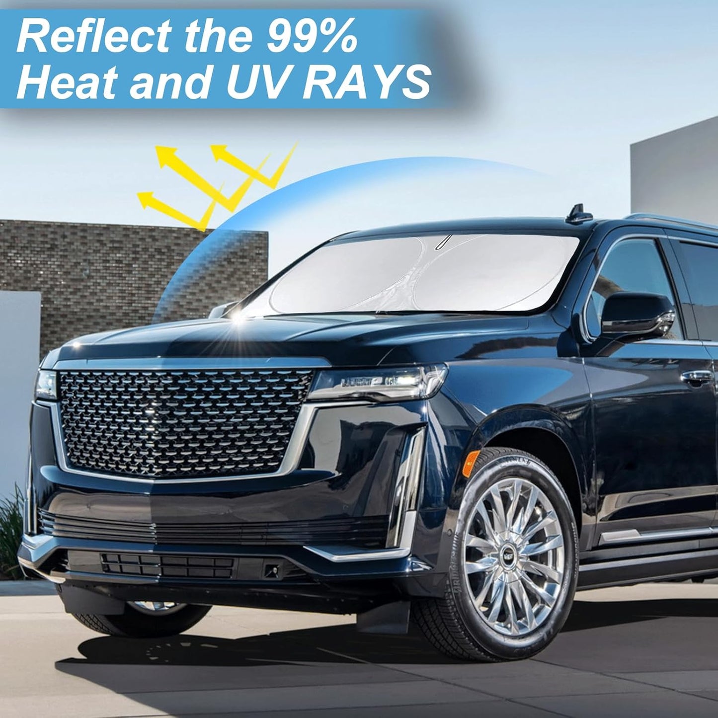 Custom Fit Escalade Windshield Sunshade for Cadillac Escalade Accessories 2021-2023 2024 2025 2026 Front Window Shades Cover for Windshield Sun Visor Screen Protector 210T Reflective Blocks UV Rays