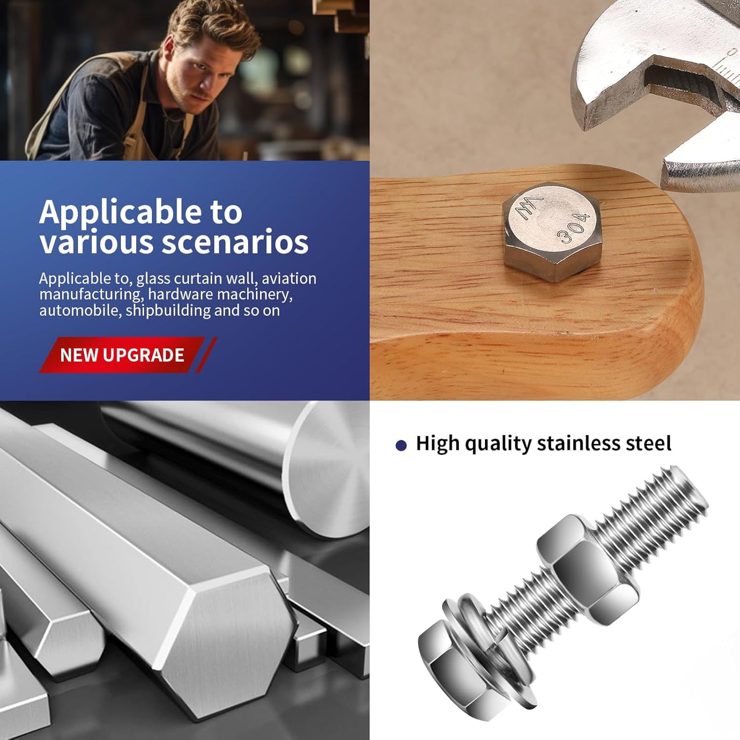 3/8-16 x 2-3/8" Hex Head Screw Bolt, Nuts, Flat & Lock Washers, 20Pcs 18-8 (304) Stainless Steel, Fully Threaded, by SG TZH