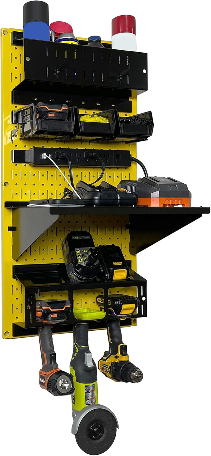 Wall Control Power Tool Storage Organizer Kit Cordless Drill Holder Charging Station Rack 16” x 32” Metal Pegboard Organization System (Yellow Pegboard)