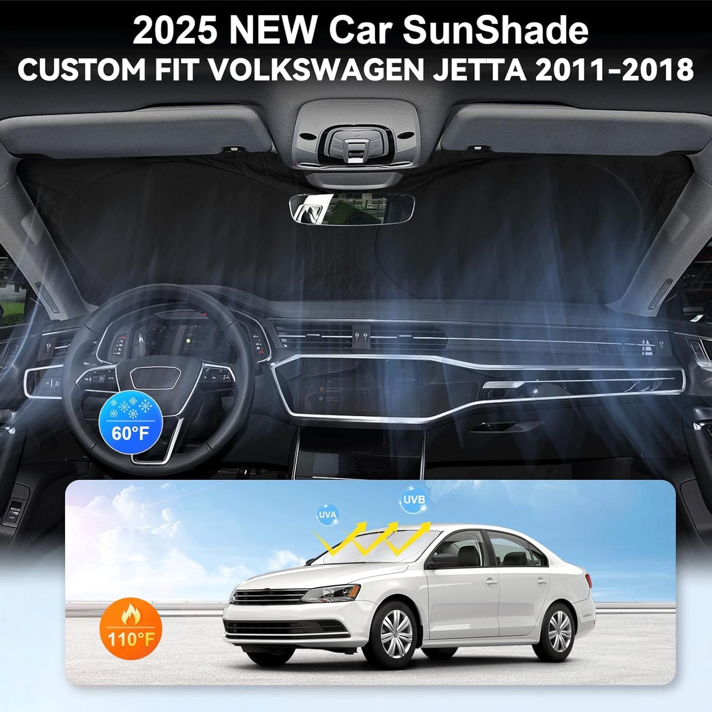 Custom Fit VW Jetta Windshield Sunshade for 2011-2017 2018 Volkswagen VW Jetta Accessories Front Window Shield 210T Silver Coating Cover for Volkswagen Windshield Sun Visor Protector Blocks UV