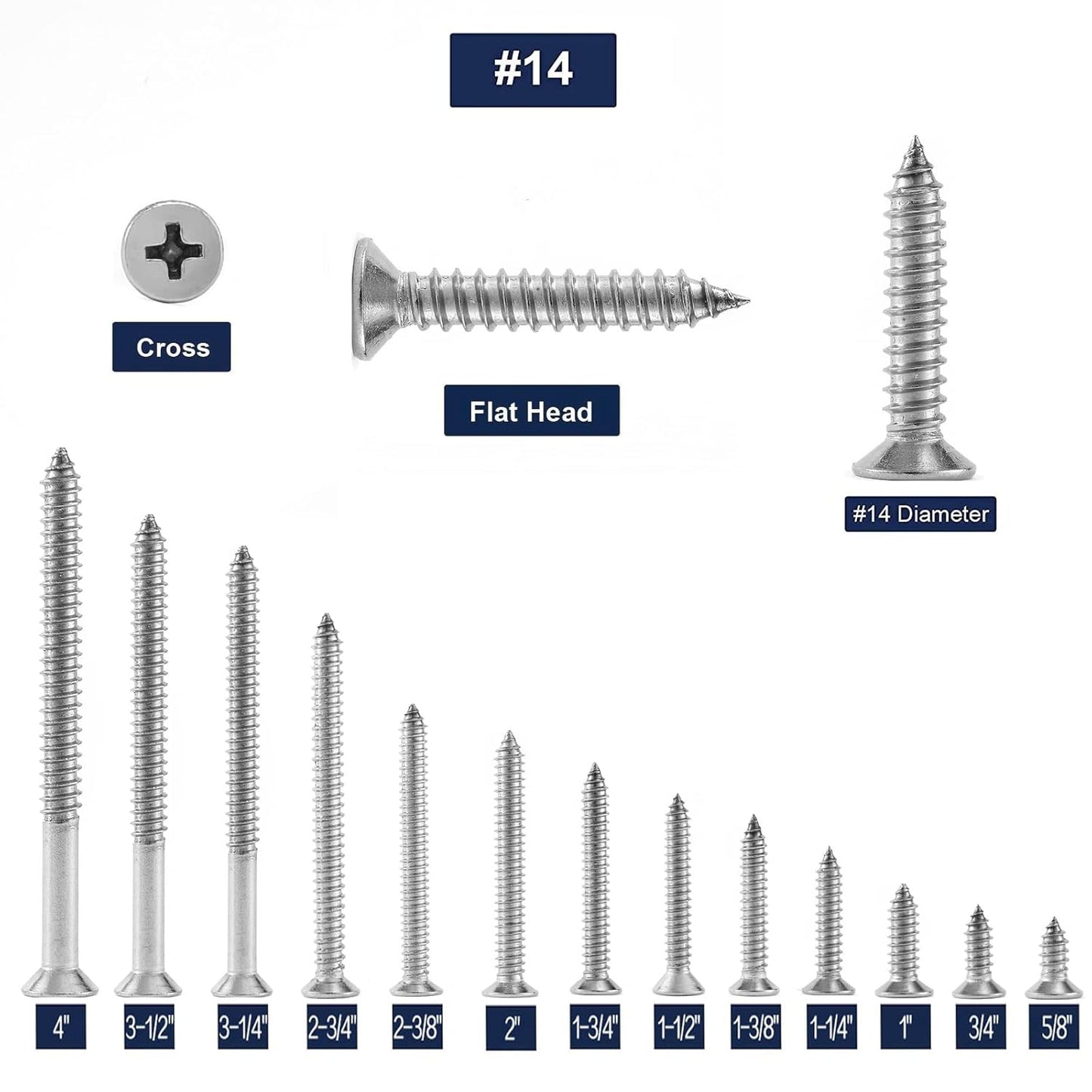 #14 x 1-1/2" Wood Screw 100Pcs 18-8 (304) Stainless Steel Screws Flat Head Phillips Fast Self Tapping Drywall Screws by SG TZH