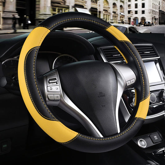 Leather Car Steering Wheel Cover, Non-Slip Car Wheel Cover Protector Breathable Microfiber Leather Universal Fit for Most Cars (Black&Yellow)