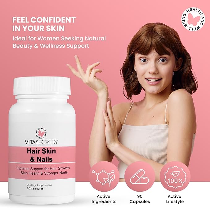 Vitasecrets Hair, Skin & Nails Super Blend – 90 Capsules with Biotin, Collagen, and Hyaluronic Acid for Healthy Hair, Glowing Skin, and Stronger Nails – Non-GMO, Gluten-Free, Made in The USA