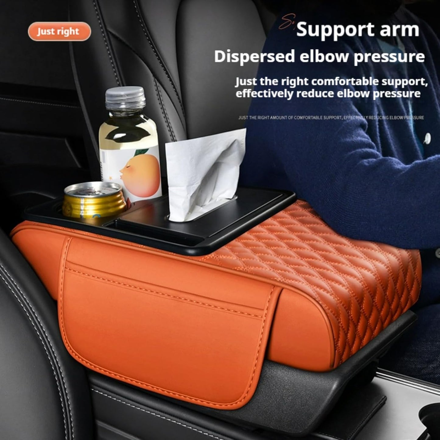 Center Console Cover Organizer, 5-in-1 Arm Rest Cover for Car with Cup Holder & Storage Pocket & Tissue Holder, Armrest Cover Cushion Pad, Water Ripples, Emma Orange