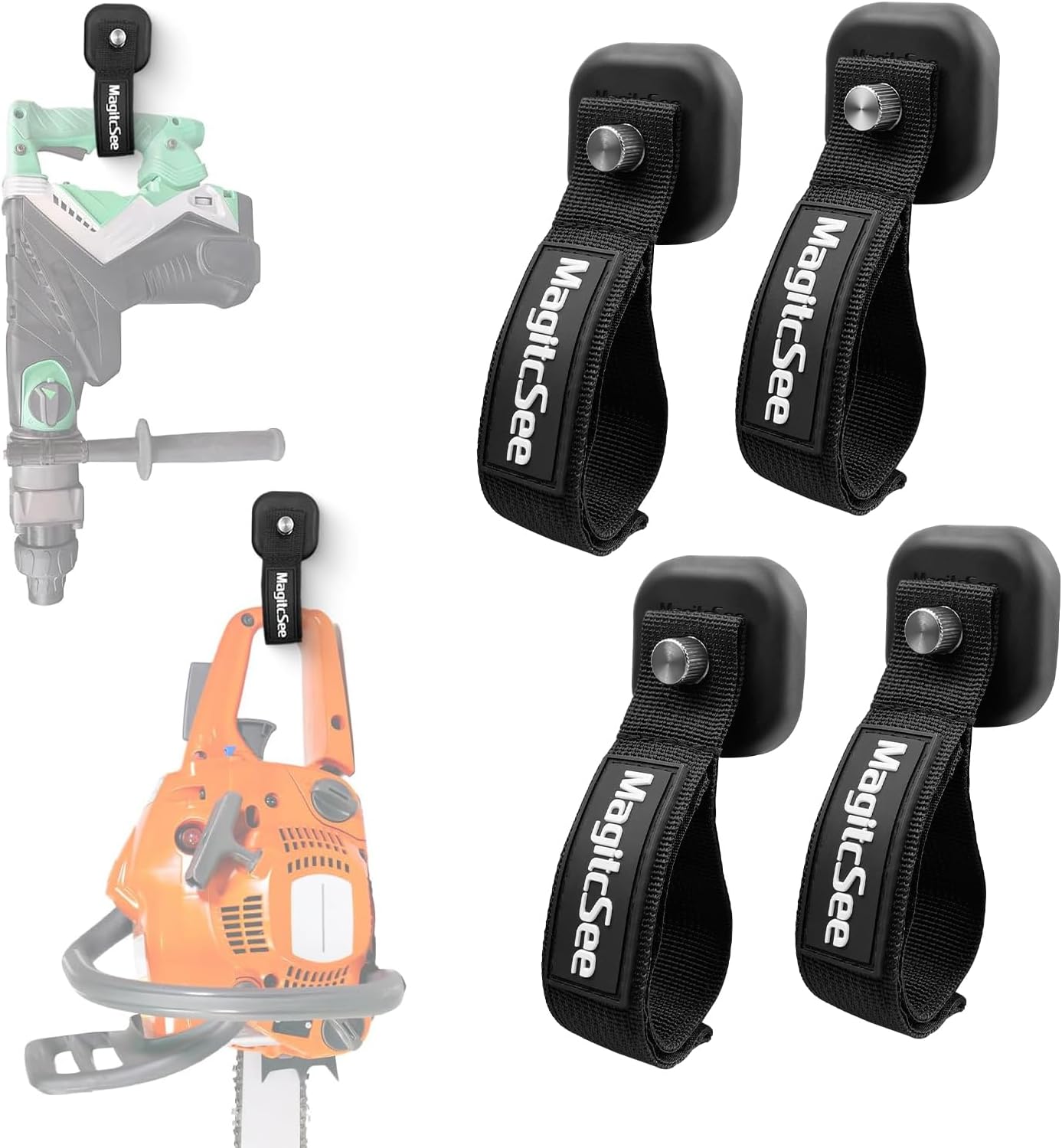 Updated 4 Pack Heavy Duty Magnetic Hook Straps for Extention Cords, Powerful Cruise Garage Storage Hook Ties for Hanging Cables, Garden Hoses Ropes, Workshop Tool Box Magnet Organize Hangers for Tools