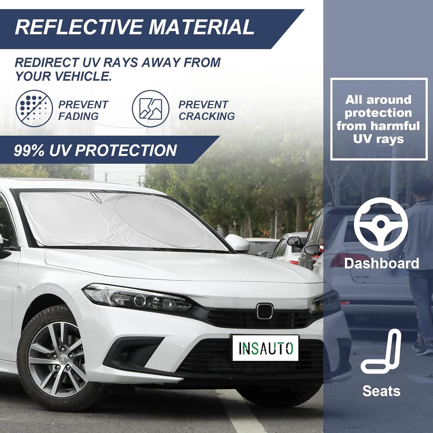 INSAUTO Windshield Sun Shades Compatible with Honda Civic Accord, Front Window Sunshade for Windshield Cover Foldable Sun Visor Protector 210T Reflective Cool Car Accessories (61" X 34.6")