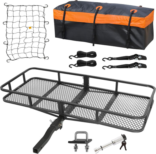 WEIZE Folding Hitch Mount Cargo Carrier Basket 60" x 20" x 6" with Waterproof Bag, Net, Strap, 2-Inch Folding Shank, 500 lbs Capacity Hitch Rack, Steel Construction