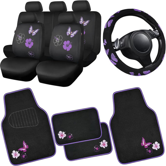 CAR PASS Universal Cloth Butterfly Car Seat Covers Full Set, Embroidered Flower Waterproof Car Floor Mats Carpet, Butterflies Steering Wheel Cover for Car Accessories Interior Sets (Black and Purple)