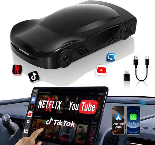 4-in-1 Carplay Ai Box,Wireless CarPlay & Android Auto Adapter,Compatible with N-etflix/YouTube/TIK Tok/Screen Mirror Link/TF Card,Suitable for Cars Equipped with OEM Wired CarPlay,Plug & Play