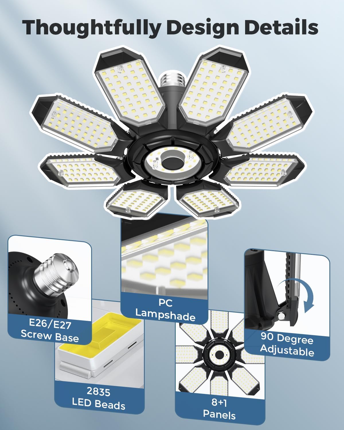 Adiding LED Garage Ceiling Lights 14000Lm w/ 8 Adjustable Panels, Super Bright Deformable Basement Light Bulb Fixture Screw in E26 Bulbs Socket for Indoor Shop, Workshop, Attic, Barn, Bay, Home Gym