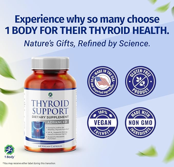 1 Body Thyroid Support Supplement with Iodine, Vitamin B12, Zinc, 60-Day Supply, 2 Pack