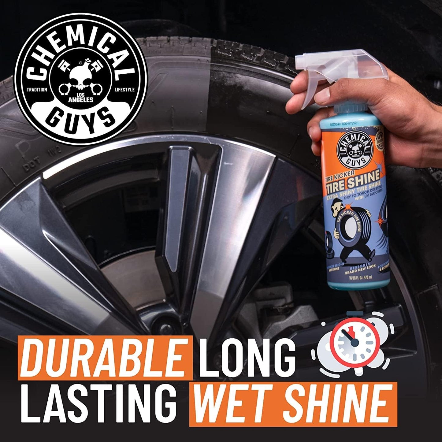 Chemical Guys Tire Kicker Sprayable Extra Glossy Tire Shine With Applicators (Works on Rubber, Vinyl & Plastic) Safe for Cars, Trucks, Motorcycles, RVs & More, 16 fl oz