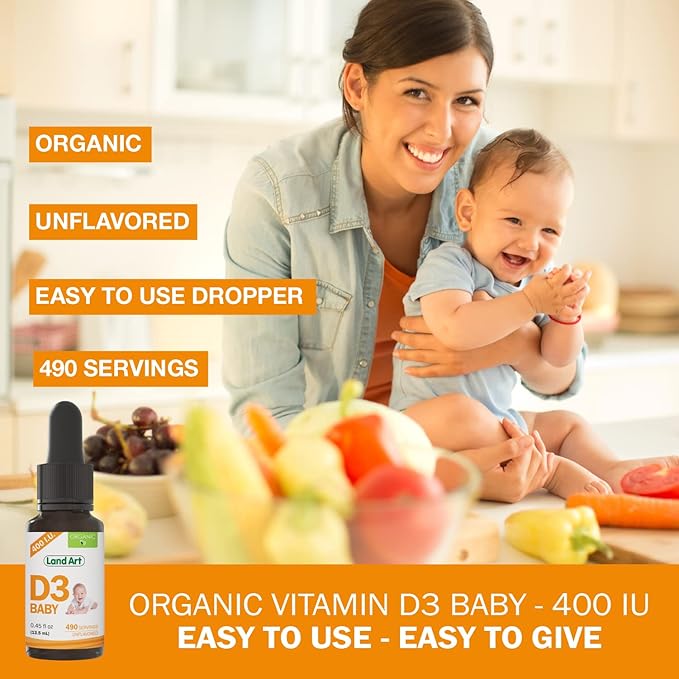 Land Art - Certified Organic Vitamin D3 Drops Baby – 400 IU per Drop – 490 Servings – Supports Bone & Teeth Development – Vitamin D Drops for Infants & Toddlers – GMO-Free - Gluten-Free – 2x0.45 fl oz