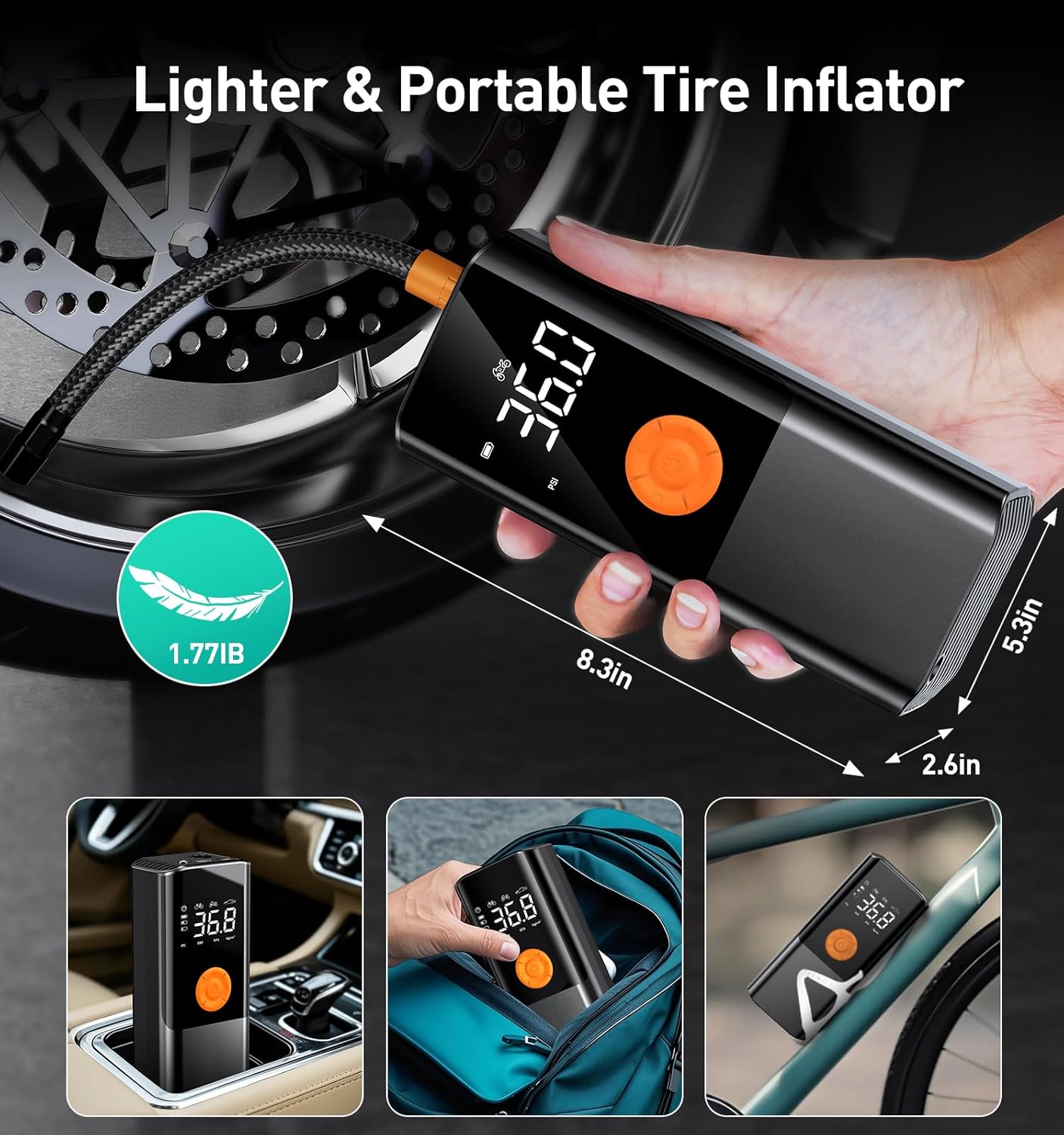 Tire Inflator Portable Air Compressor, 150PSI＆20000mAh Battery Air Pump for Car Tires, 6X Inflate Portable Tire Inflator for Car Motorcycle Balls Bike Pump,12DC Tire Pump with LED Light, Auto shut-off