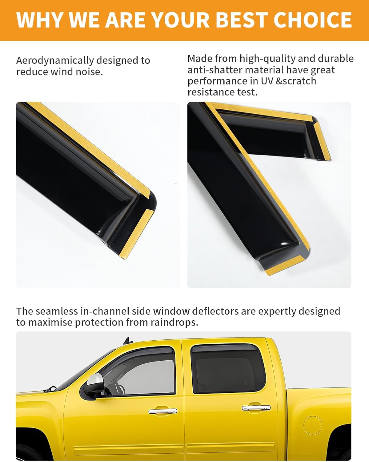 in-Channel Window Rain Guards Fit for Truck Chevrolet (Chevy) Silverado/GMC Sierra 2007-2013 Crew Cab Extra Durable Window Deflectors Vent Visors Shades Car Accessories Visors Rain Guards