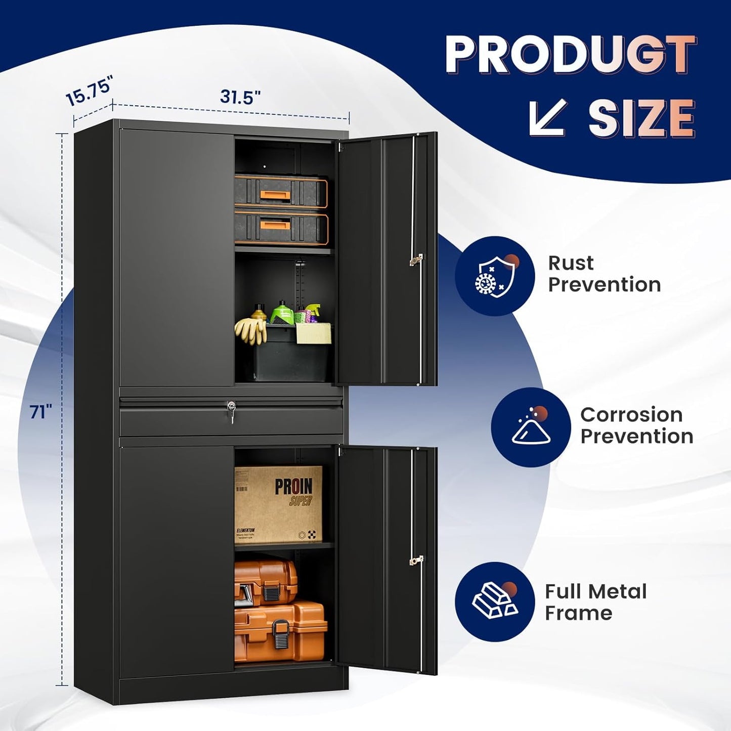 Yizosh Metal Garage Storage Cabinet with Locking Doors and Adjustable Shelves, 71" Tool Storage Cabinet with 1 Drawer for Garage,Warehouse (Black)