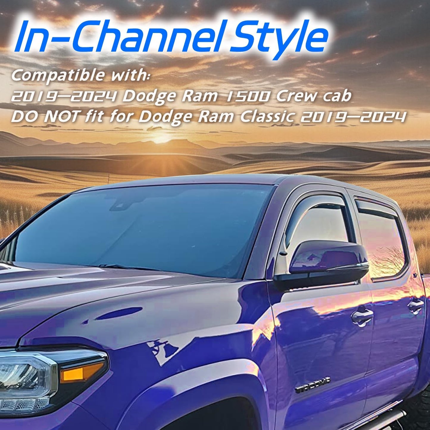 4pcs in Channel Window Rain Guards Fit for 2019-2025 Dodge Ram 1500 Crew Cab New Body Style Durable Truck Window Visors Deflectors Vent Shade Exterior Car Accessories 2020 2021 2022 2023 2024