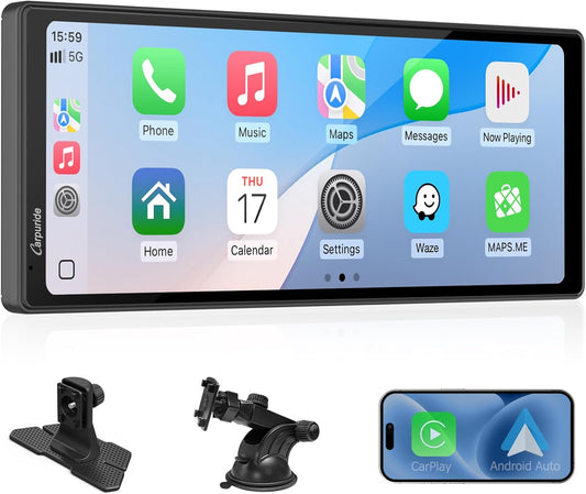 CARPURIDE 10.26 Inch Wireless/Wired Apple CarPlay, Android Auto and Mirror Link - 1600 * 600 IPS Touch Screen Portable Car Stereo, Bluetooth Audio, Siri, Navigation Car Screen for All Vehicles