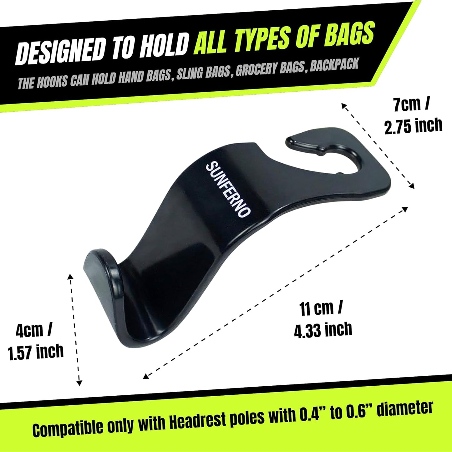 Car Hooks – Durable Headrest Hooks for Car | Car Purse Hook Holds Bags, Groceries & Essentials | Purse Hooks for Car That Don't Slip | Must-Have Car Hanging Accessories – 4-Pack, Easy Install