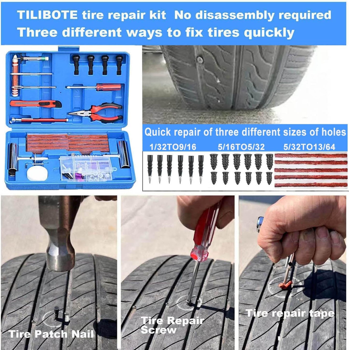 Tire Repair Kit,117pcs Heavy Duty Tire Plug Kit,with Universal Tire Patch Kit to Plug Flats for Car/Motorcycle/Truck/Tractor/Trailer/RV/ATV