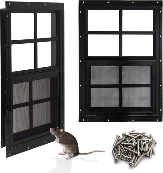 NeatiEase Upgraded Shed Windows 2 Pack, 18" x 23" Windows with Tempered Glass and Stainless Steel Screen for Shed, Chicken Coop, Playhouse, Household, Garage(Black)