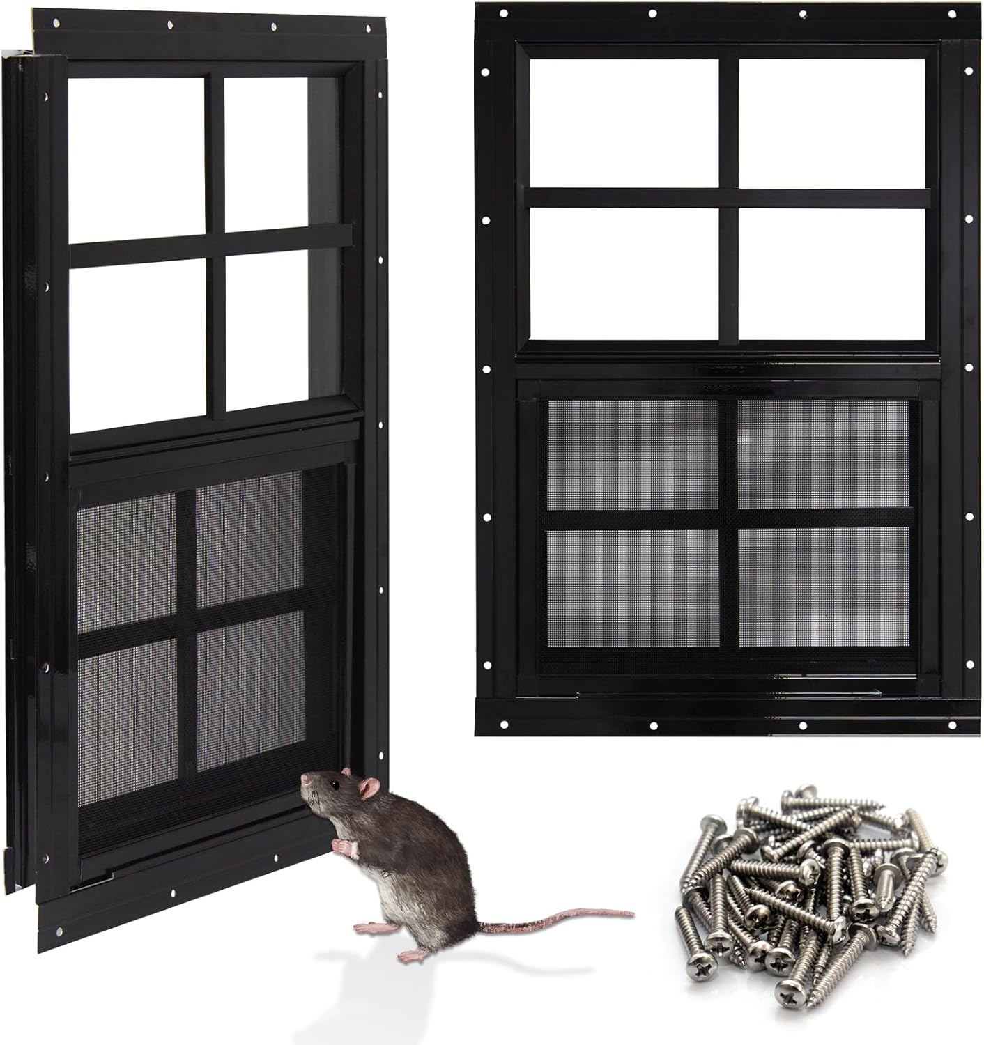 NeatiEase Upgraded Shed Windows 2 Pack, 18" x 27" Windows with Tempered Glass and Stainless Steel Screen for Shed, Chicken Coop, Playhouse, Household, Garage(Black)