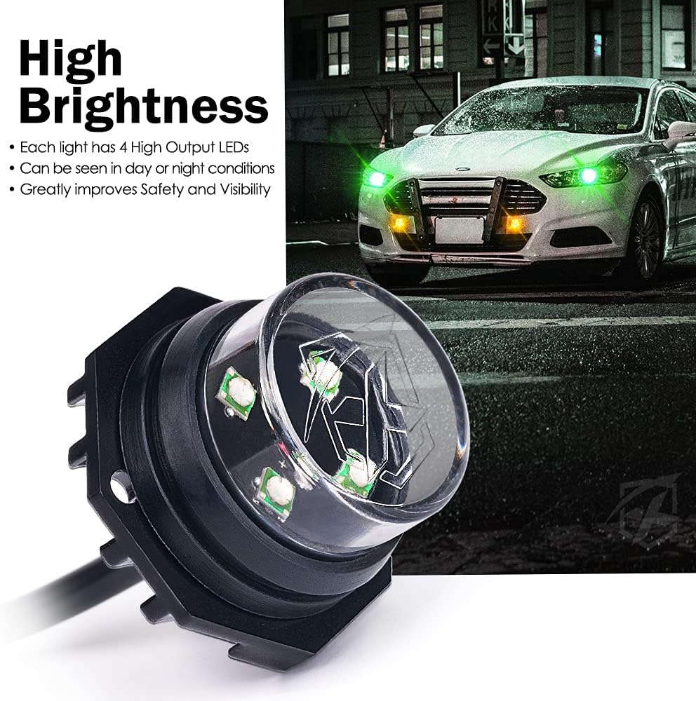 Xprite Amber Green LED Hideaway Strobe Lights Kit 20 Flashing Patterns w/Control Panel Headlights Taillights Fog Marker Light Mounting, for Roadside Emergency Vehicles Trucks SUV Vans 12V Cars 4 PCs