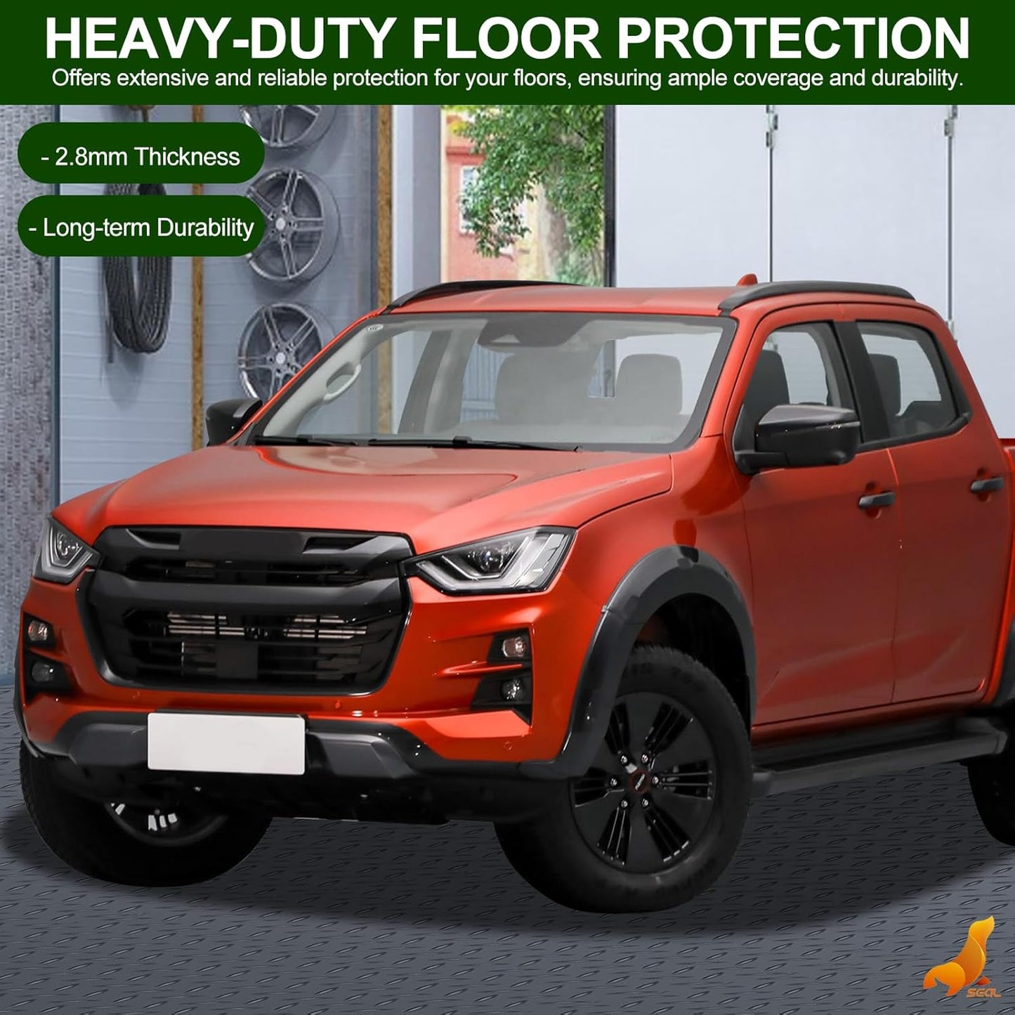 SEAL 4 x 20 Ft Premium Garage Floor Mat, Solid 2.8mm Thick Gray Commercial Grade Heavy Duty Parking Mat for Garage Floor, Golf Cart Parking, Water/Stain Resistant Floor Runner (Embossed Diamond Plate)