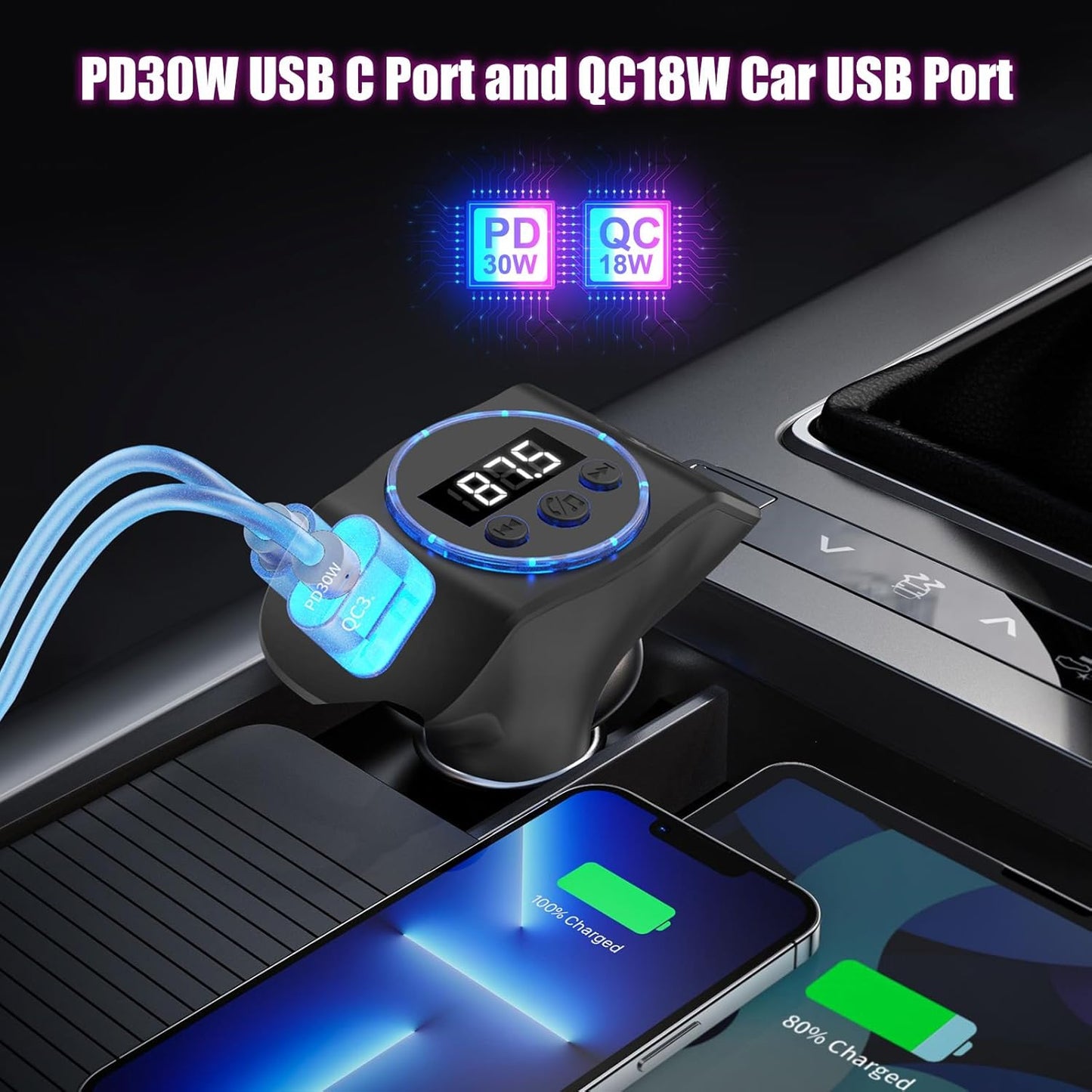 pgraded Bluetooth FM Transmitter for Car, PD30W/QC18W Dual USB Auto Charger Adapter, 7-Color LED Mood Light, Wireless FM Radio Car Kit Bluetooth 5.3 Hands-Free with Music Control & Noise Cancellation