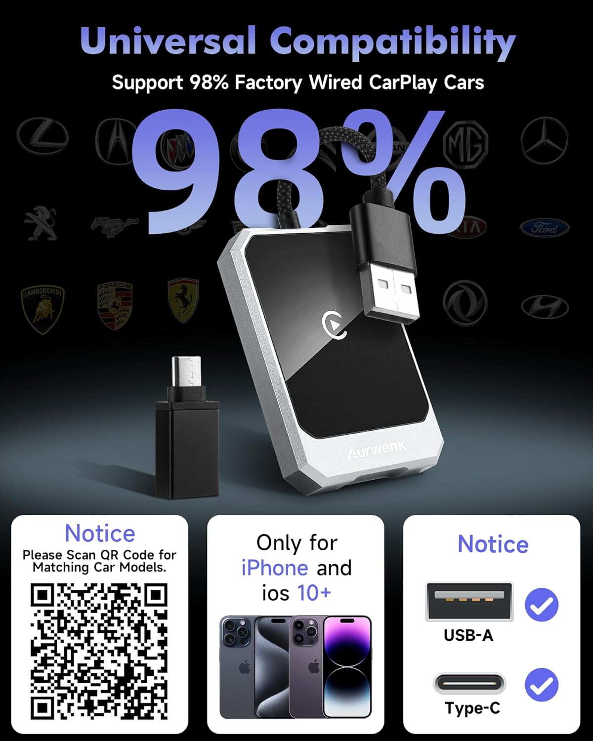 Wireless CarPlay Adapter for iPhone - Plug & Play Wired to Wireless Apple CarPlay Adapter, Fast Auto Connect, Stable & No Delay, Mini Wireless CarPlay Dongle for Cars from 2016 and iPhone iOS, Silver