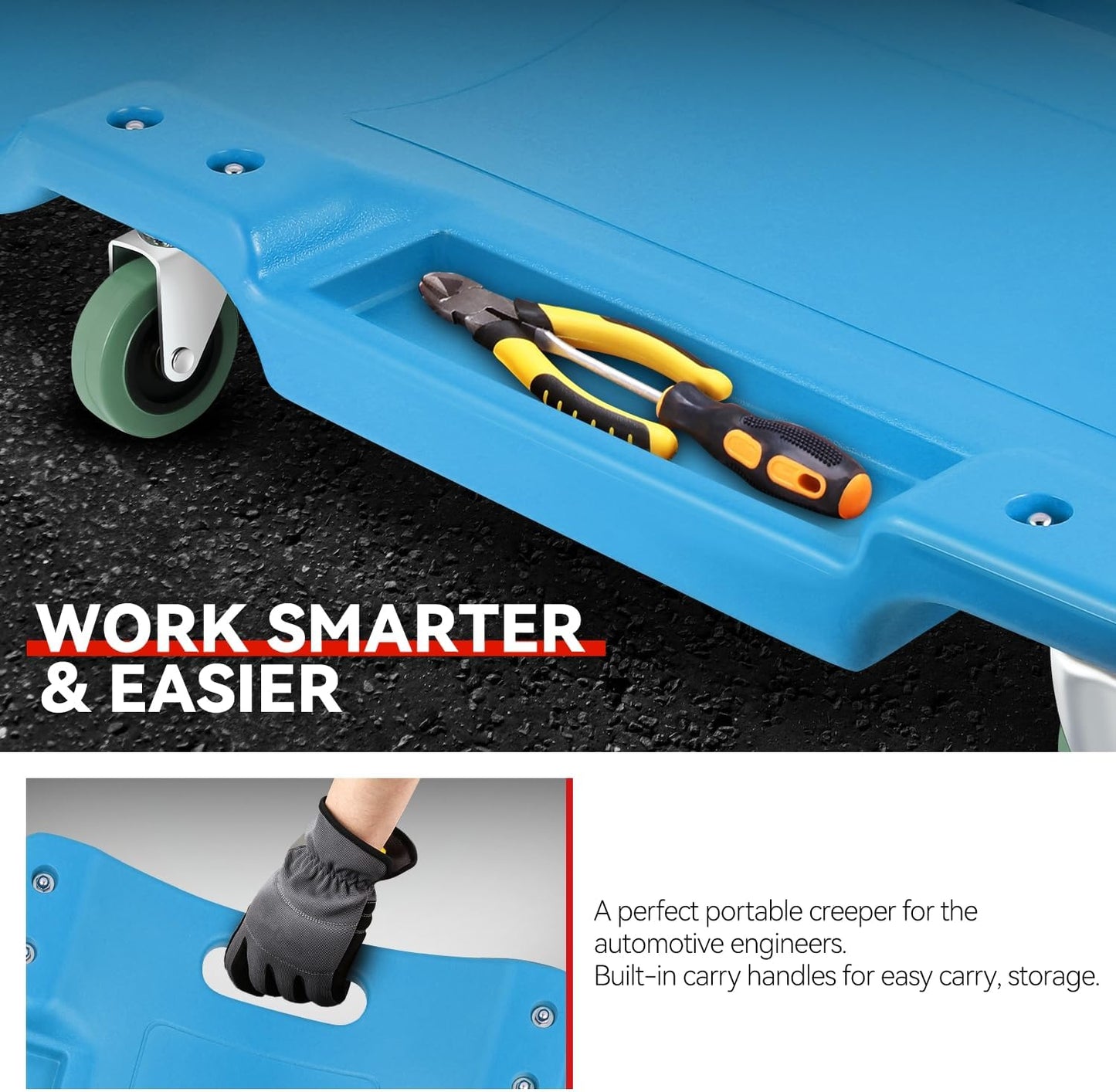 Auto Dynasty 40 Inches Mechanic Creeper, Automotive Garage Repair Low Profile Under Car Rolling Creeper with Padded Headrest, Plastic, Blue