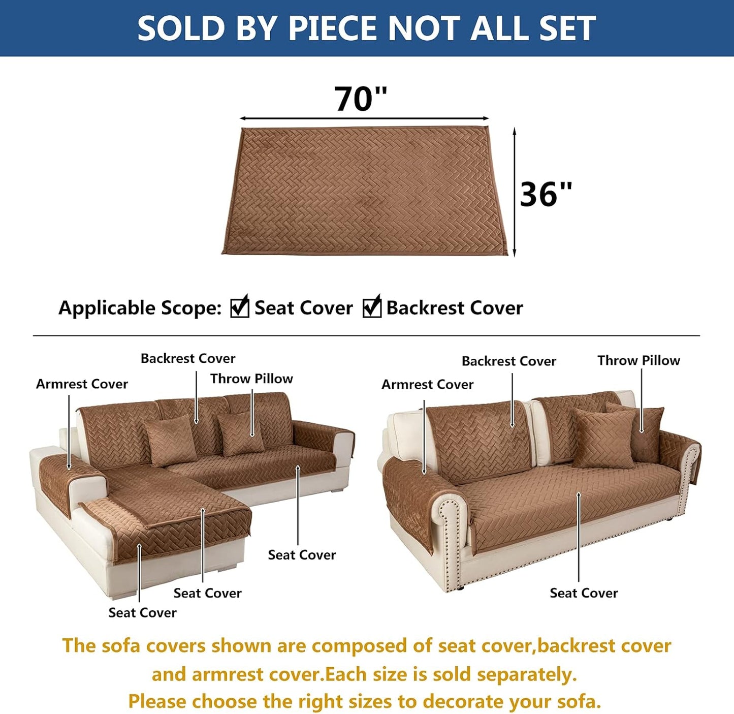 Eismodra Couch Cover,Sectional Couch Covers,Sofa Covers for 3 Cushion Couch,Anti-Slip Sofa Slipcovers for Dogs Cats Kids Loveseat Recliner L Shaped Armrest Backrest,Brown 36''x70''(Only 1 Piece)