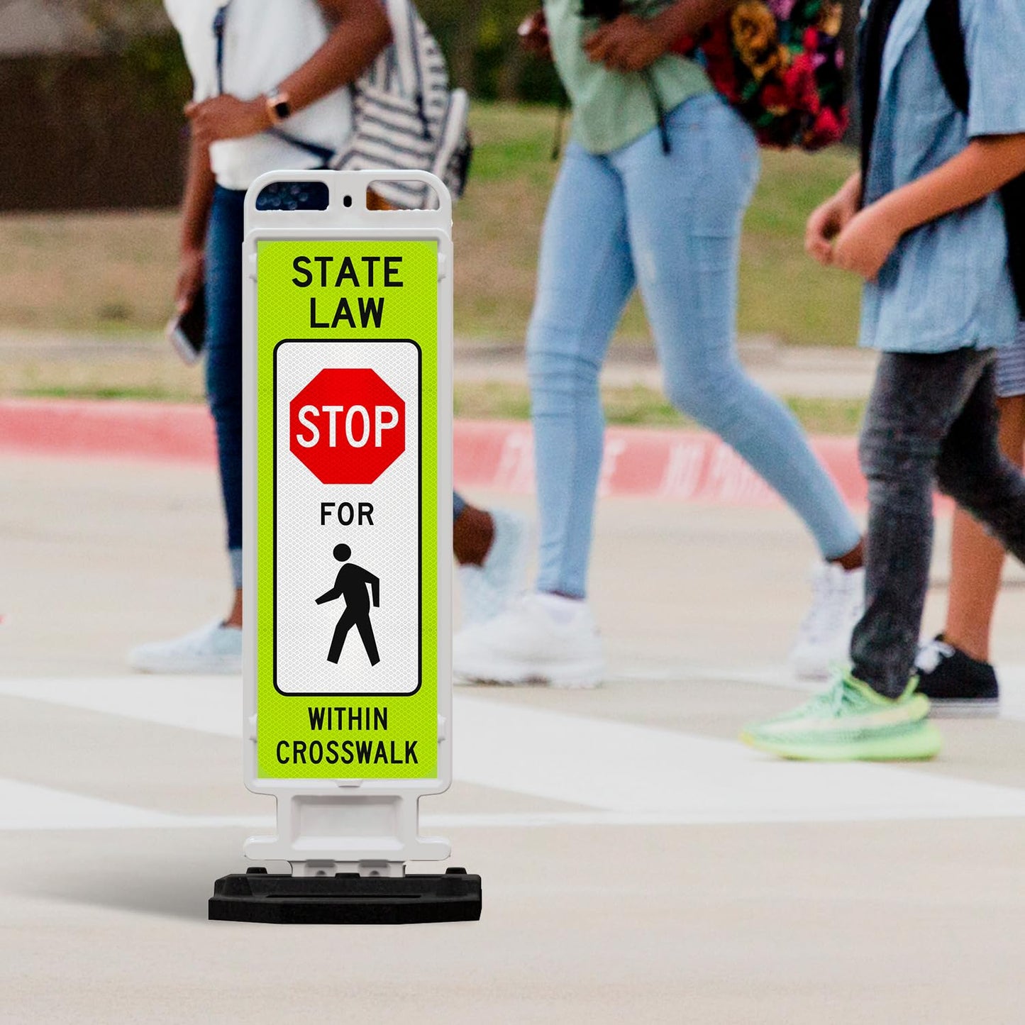 State Law Stop for Pedestrian Within Crosswalk MUTCD R1-6a Sign, Double Sided 3M Engineer Grade Reflective, Portable Rubber Base, Impact Resistant Plastic Frame