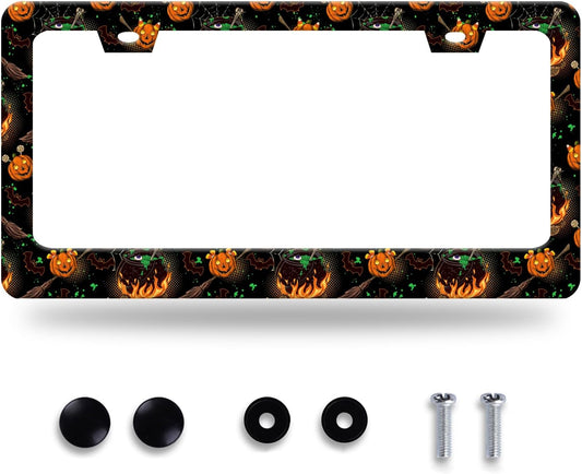 Halloween License Plate Frame Pumpkin Bats License Plate Stainless Steel Funny License Plate Holder for Men Women Universal Colorful Car Accessories Decoration 12.3" x 6.3"