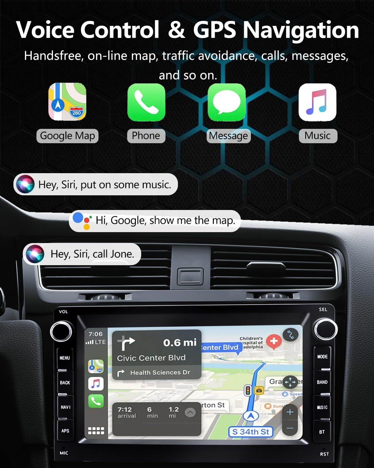 [2+64G] Car Radio for Pontica G6 (2005-2008)/ Torrent 2006, Chevy Equinox (2005-2006)/ Malibu, 2 Din Car Srereo with Wireless Carplay/Android Auto, Steering Wheel Controls/AHD Camera/FM/App Store