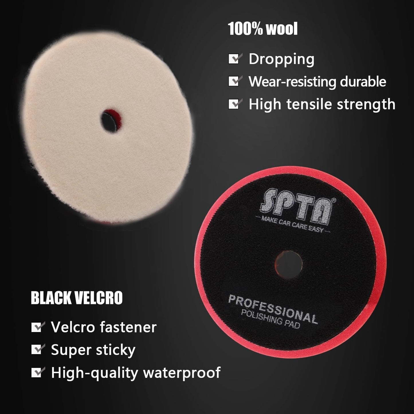 SPTA 5 Inch 125mm Body Repair Polishing Pad Set - 6 Pcs Buffing Pads with Sponge, Wool and Micro-Fiber for Car Detailing