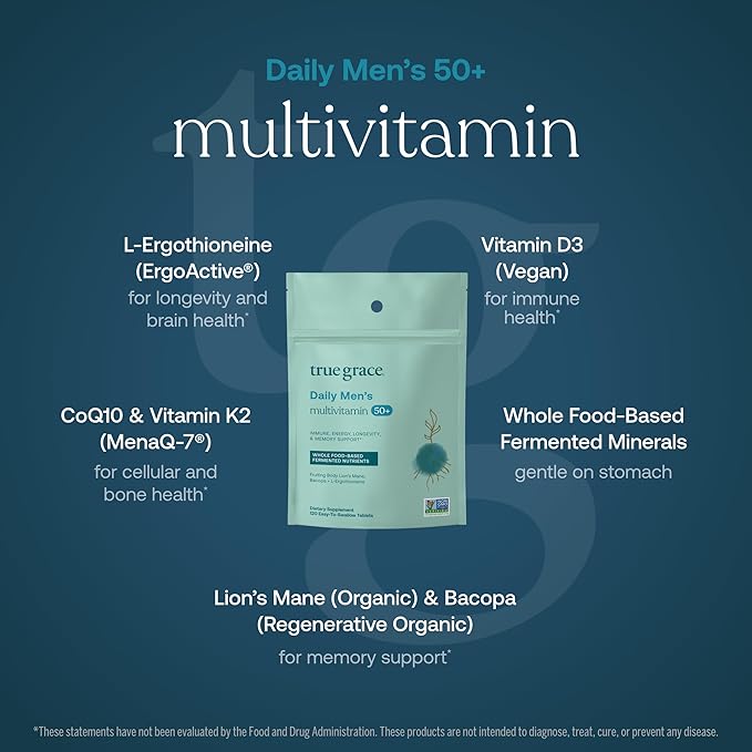 True Grace Daily Men’s Multivitamin 50+ - 120 Easy-to-Swallow Tablets - Immune, Energy, Longevity & Memory Support - Gluten Free, Soy Free, Vegan - 60 Servings