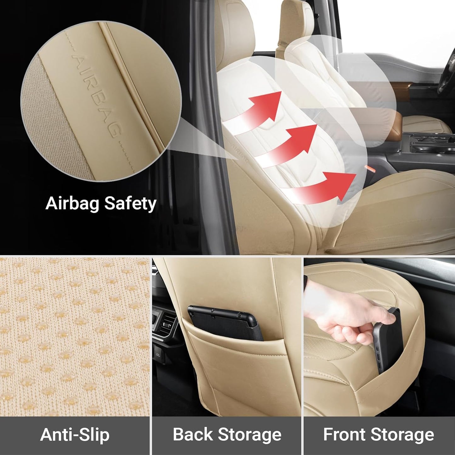Coverland Custom Car Seat Covers Compatible with 2007-2013 Tundra Double Cab - Premium Leather Non-Slip Memory Foam Waterproof Cover Interior Protector Front Seat-Beige [See Size Chart-Size A34]