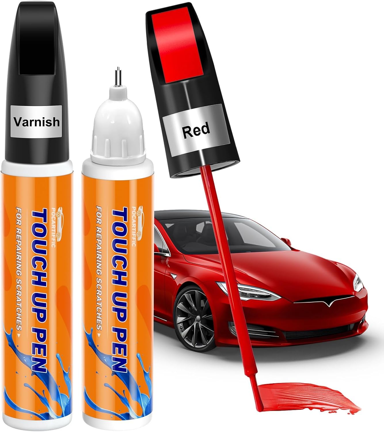 Touch Up Paint for Cars, Car Paint Scratch Repair Pen, Automotive Touch Up Paint Pen, Color Accurate Scratch Remover for Vehicles 2PCS(Red+Varnish)