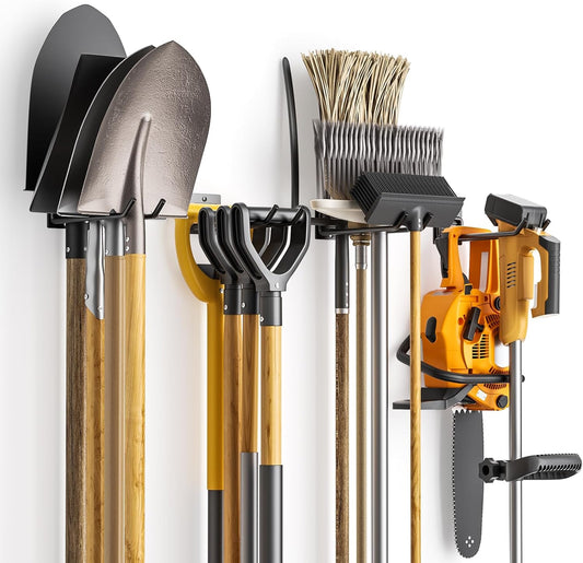 Wall Mount Garage Tool Organizer Storage Hook for Yard Shed, Garden Tool Holder Organizer Rack, Metal Garage Garden Tool Hanger for Lawn Organizer Holds Shovel,Rakes,Brooms,Hoses 4 Pack