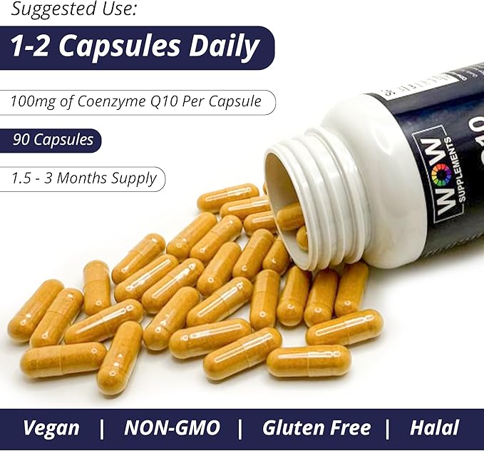 WOW Supplements CoQ10 100 mg with Hawthorn Berry - High Absorption CoQ10 100mg for Energy Production, Heart and Cellular Health - Non-GMO, Gluten-Free Coenzyme Q10 100mg Supplement - 90 Capsules
