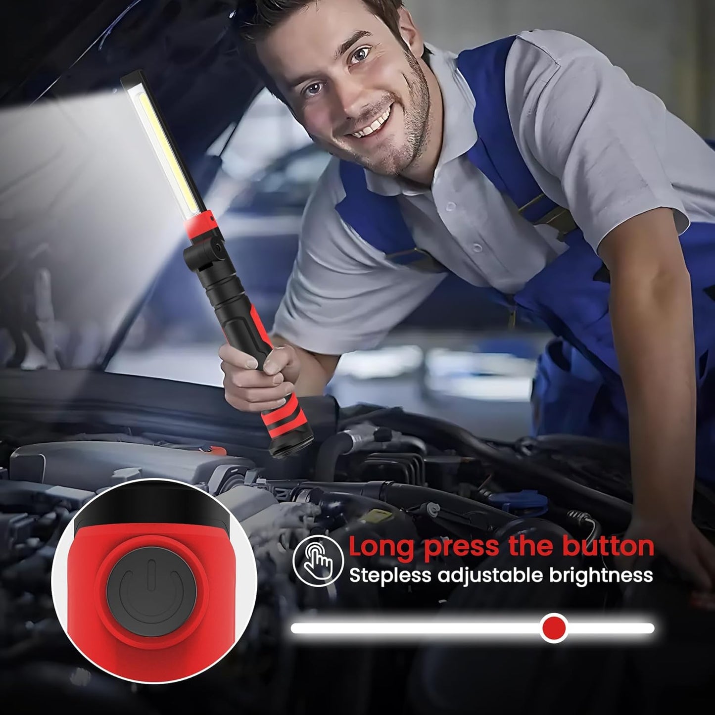 Rechargeable Work Light 2500mAh Magnetic LED Work Light Flashlight Mechanic Light Tool Gifts for Men Him, Foldable Lamp with Hook for Car Repair Emergency BBQ Grill