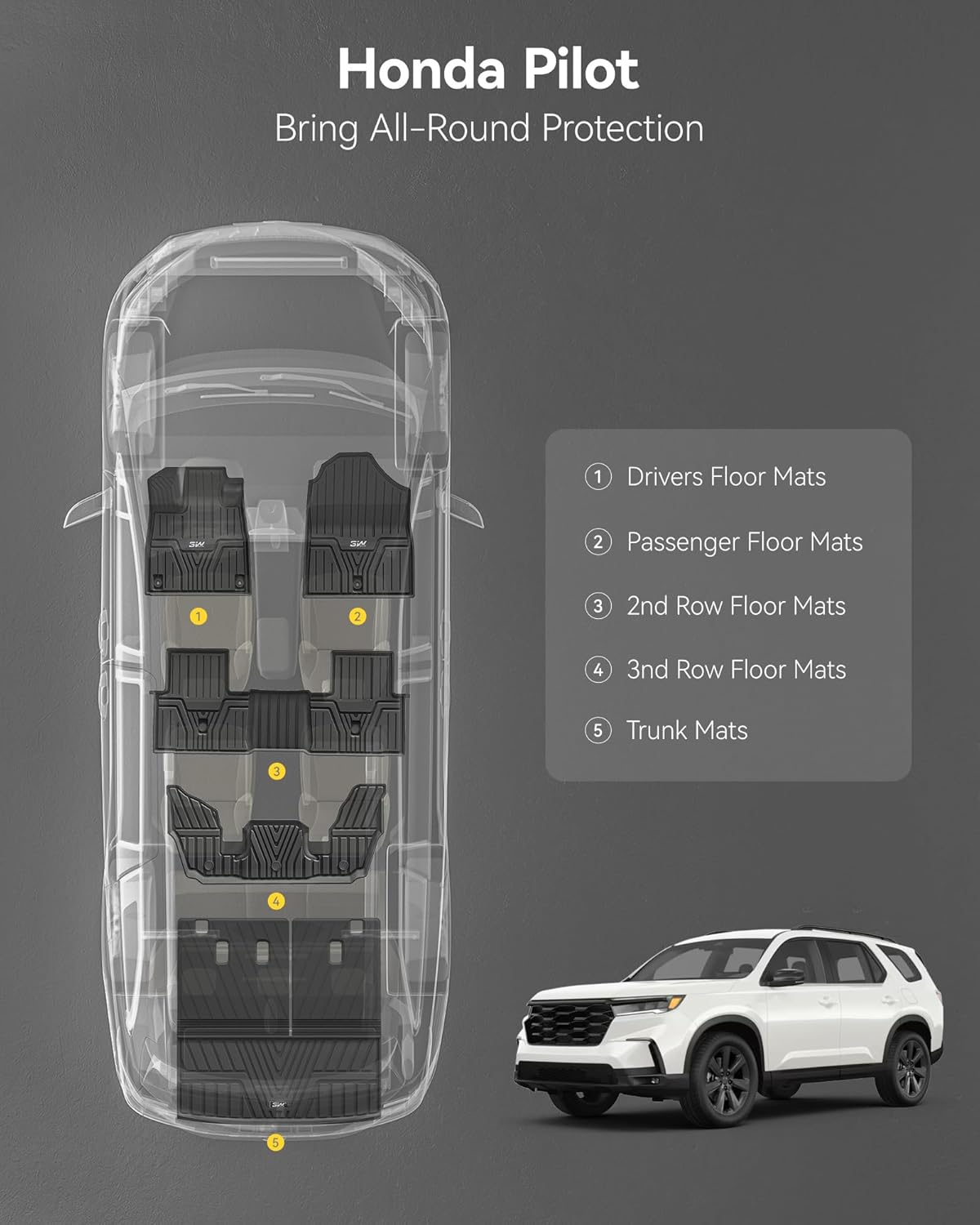 3W Floor Mats and Cargo Liner Fit for Honda Pilot 2023 2024 2025, Custom Fit All Weather Honda Pilot Accessories Odorless Anti-Slip TPE Full Set Mats Black