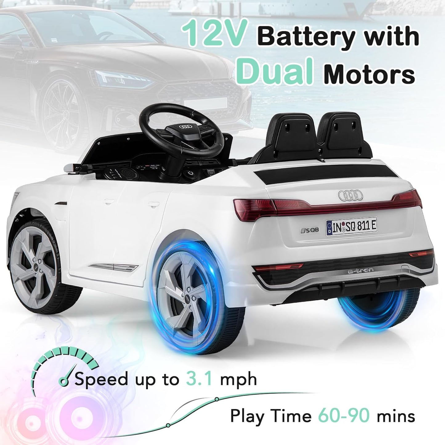 Licensed Audi SQ8 Ride on Car by OLAKIDS, 12V Kids Electric Vehicle with Remote Control, Toddlers Battery Powered Toy with 3 Speeds, Wheels Suspension, Music (White)