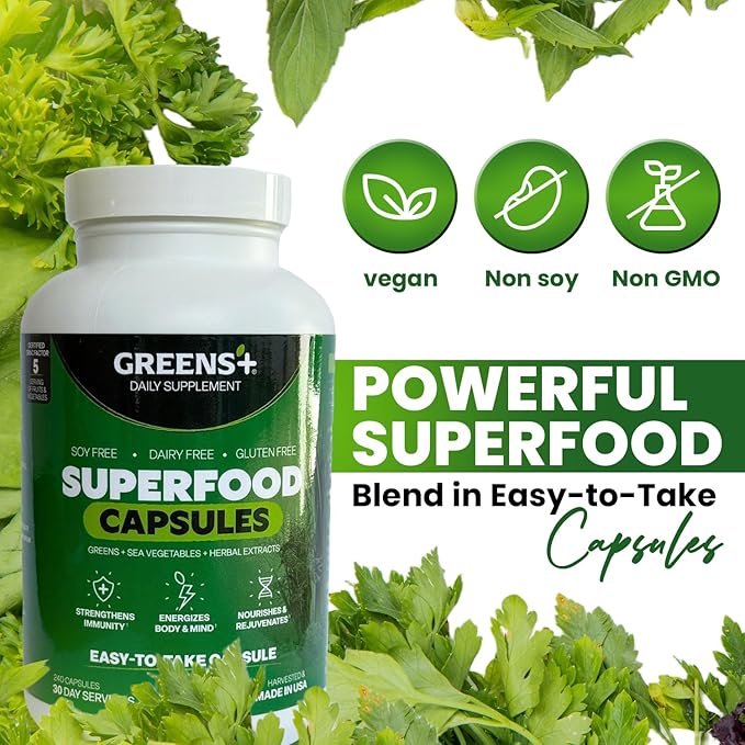 Greens+ Organic Superfood Capsules, Organic Spirulina and Chlorella, with Alfalfa & Wheat Grass, Vitamins & Minerals Supplements, Gluten-Free, Vegan, Non-GMO, 240 Count