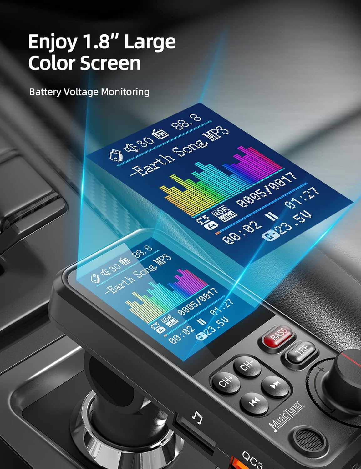 Nulaxy Bluetooth FM Transmitter for Car, 1.8" Color Screen Strong Mic Bluetooth Car Adapter with QC3.0 Fast Charger, Treble & Bass Sound Music Player, Hands-Free Calls, Supports Aux/TF Card/USB Drive