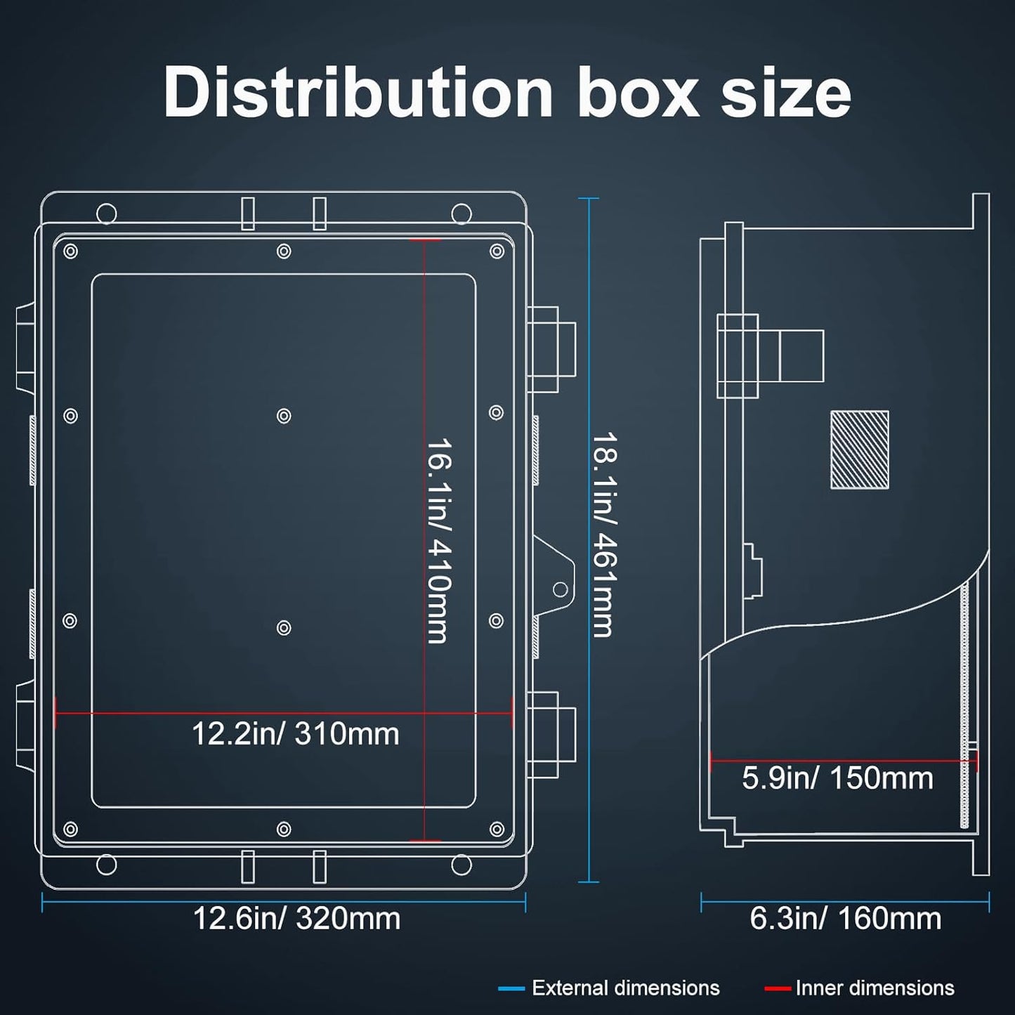 Outdoor Electrical Junction Box with High Power Outlet, ABS Water Resistant Enclosure with Internal Mounting Panel & Hinged Cover. (18.1" H* 12.6" L* 6.3" W & Outlet)