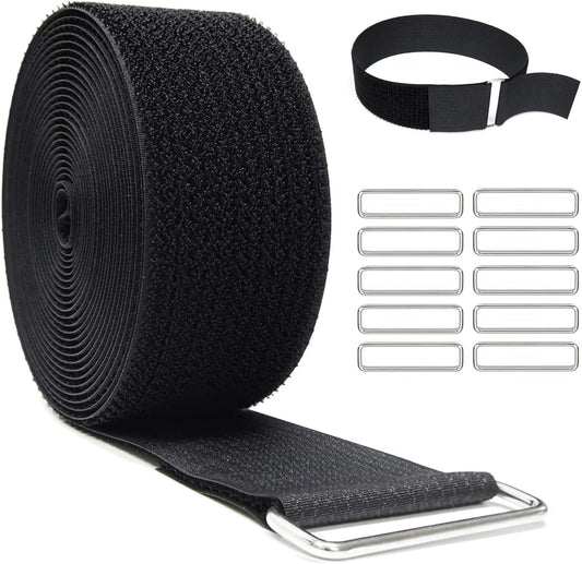 2" x32ft Reusable Cinch Strap with 20 Metal Buckles, Cut-to-Length Fastening Securing Straps, Adjustable Nylon Cable Straps and Cord Ties for Organizer or Storage, 2 inch Wide, Black