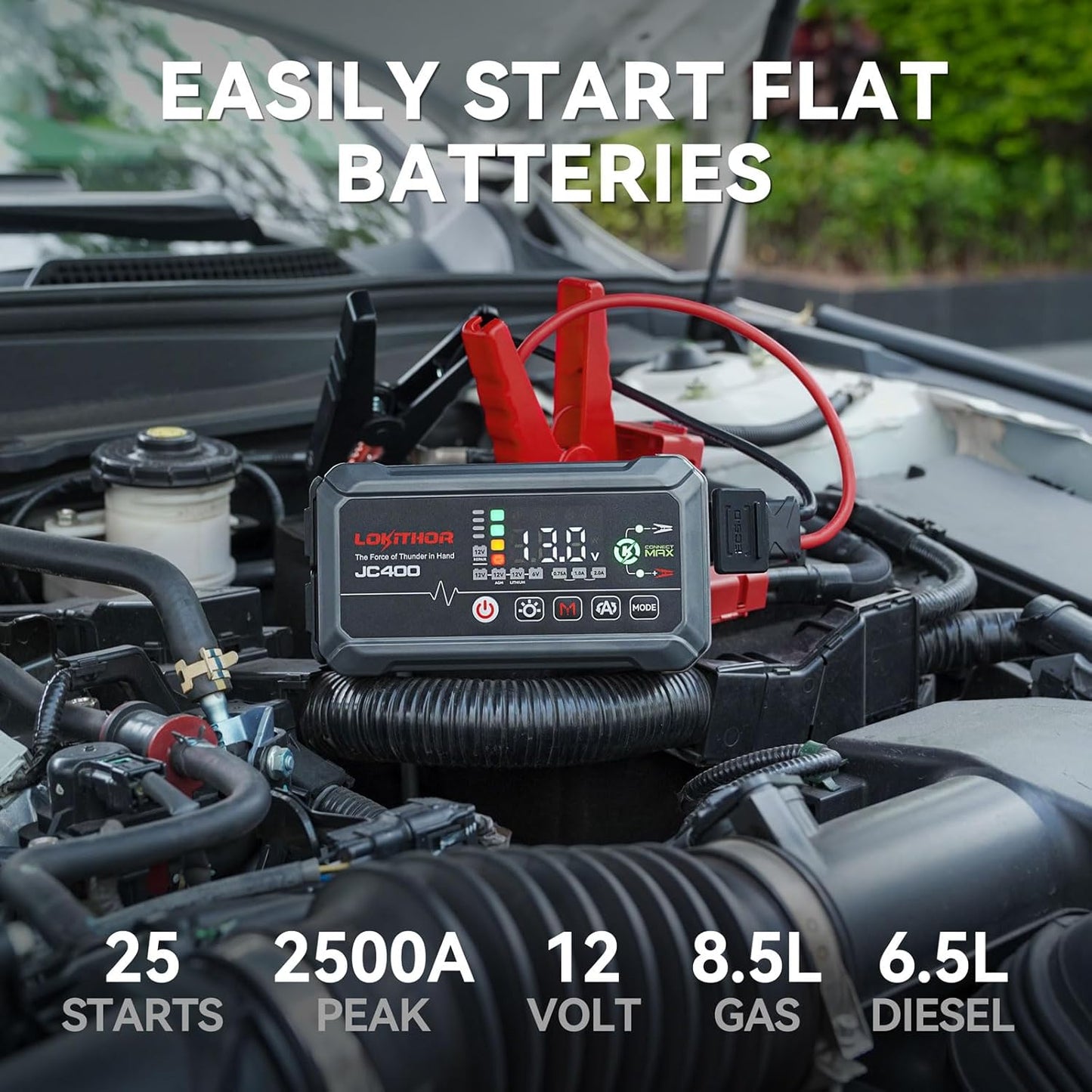 JC400 9-in-1 Battery Charger and Jump Starter, 2500A 12V Portable Jump Box for Car Upto 8.5L Gas/6.5L Diesel, 750mA/1A/2A, 6V/12V Automotive Battery Maintainer, Trickle Charger and Desulfator