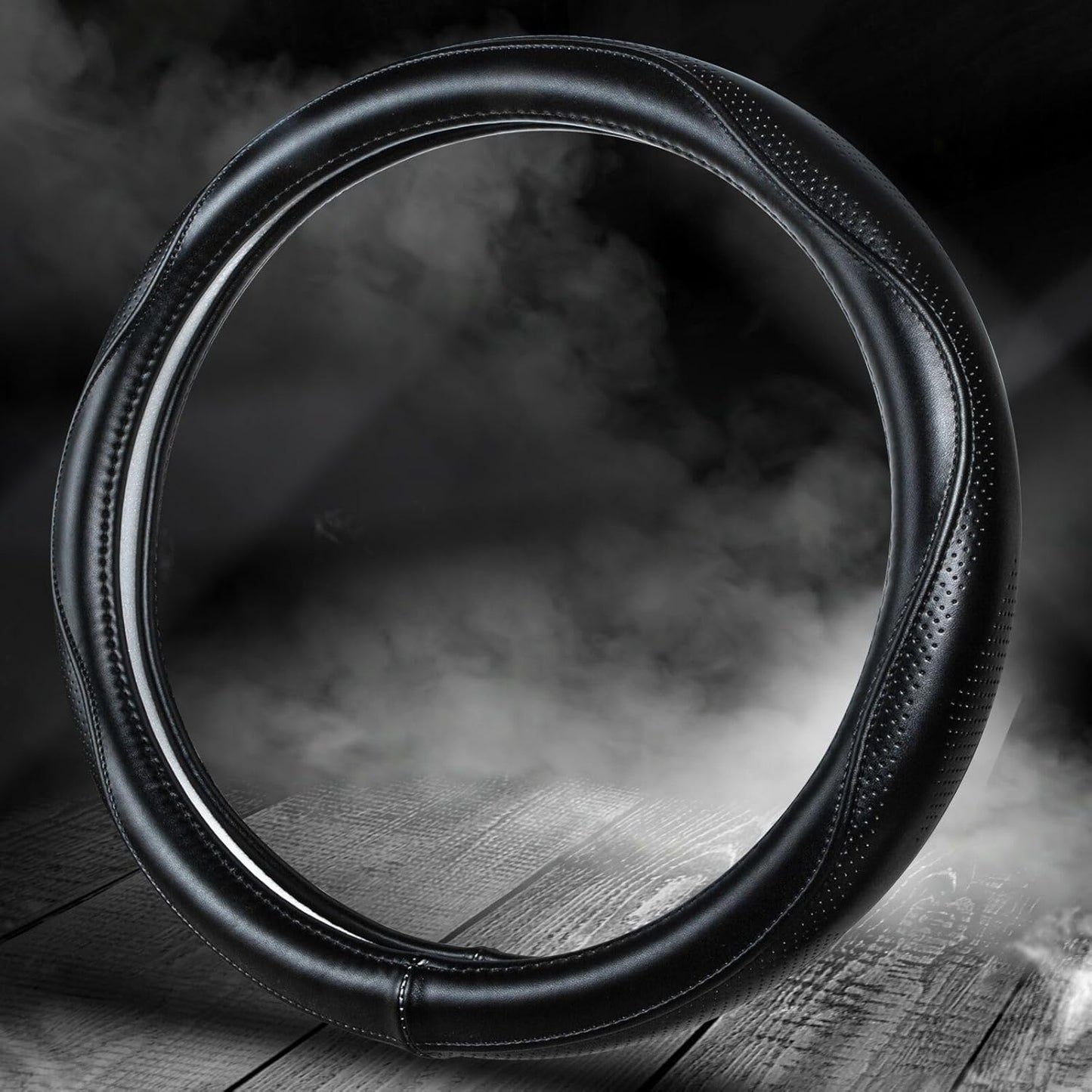 HAOKAY Top Grade Black Genuine Leather Steering Wheel Cover Men Women, Luxury Steering Wheel Cover for Cars, SUVS and Trucks，Universal 14.5-15 inch